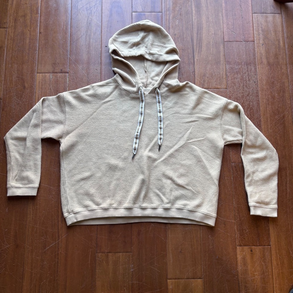 Aerie Ribbed Oversized Cropped Hoodie Pullover Beige‎ Cozy Soft Loungewear, M